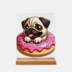 Cute pug with donut cartoon dog lover acrylic sign