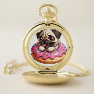 Cute pug with donut cartoon dog lover pocket watch