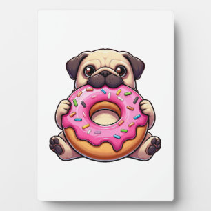 Cute pug with donut funny cartoon dog plaque