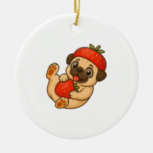 Cute pug with strawberries cartoon sweet fruity ceramic ornament
