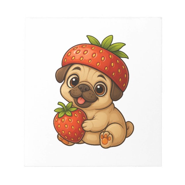 Cute pug with strawberries fruity funny cartoon notepad (Front)