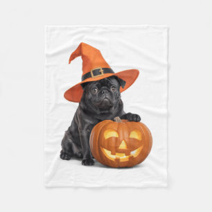 Cute Pug With Witch Hat Halloween Pumpkin Decor _1 Fleece Blanket