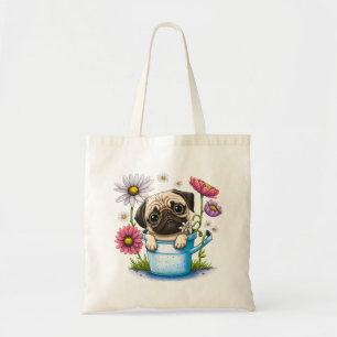 Cute Puggy Puppy with Flowers Tote Bag