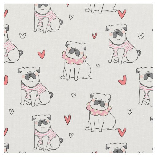 Cute Pugs and Hearts Fabric