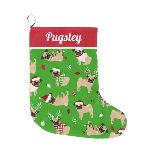 Cute Pugs Green Large Christmas Stocking | Zazzle.com