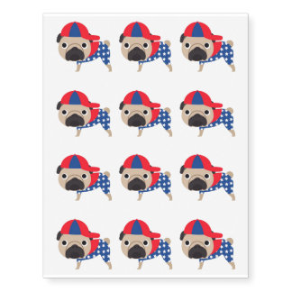 Cute Pugs in Baseball Hats Temporary Tattoos