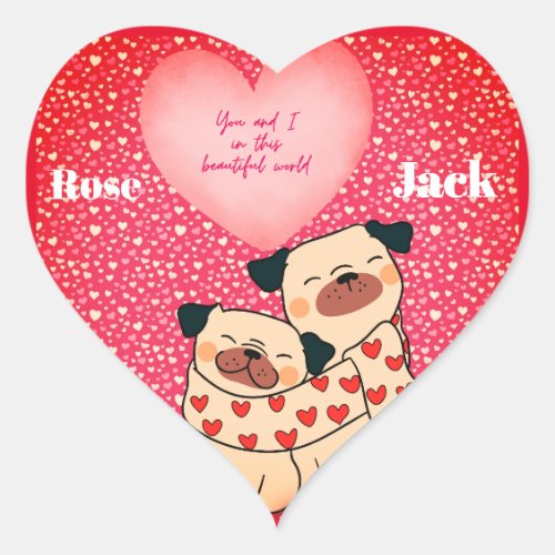 Cute pugs in love heart sticker