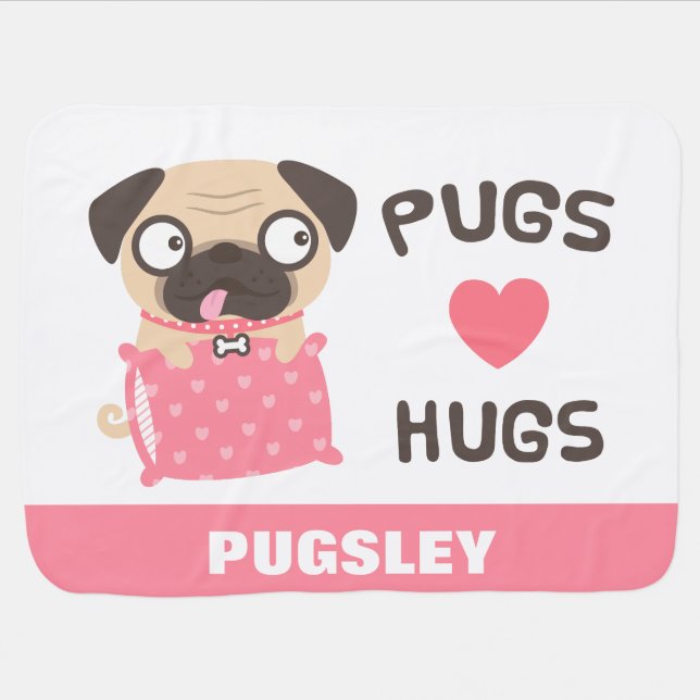 Cute Pugs Love Hugs Personalized Dog Blanket (Horizontal)