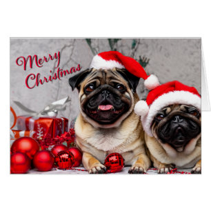 Cute Pugs Merry Christmas Holiday Fun Greeting Cards
