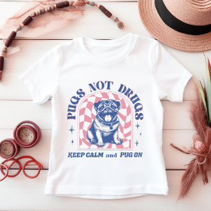 Cute 'Pugs Not Drugs' Retro Pastel Pink and Blue Baby T-Shirt