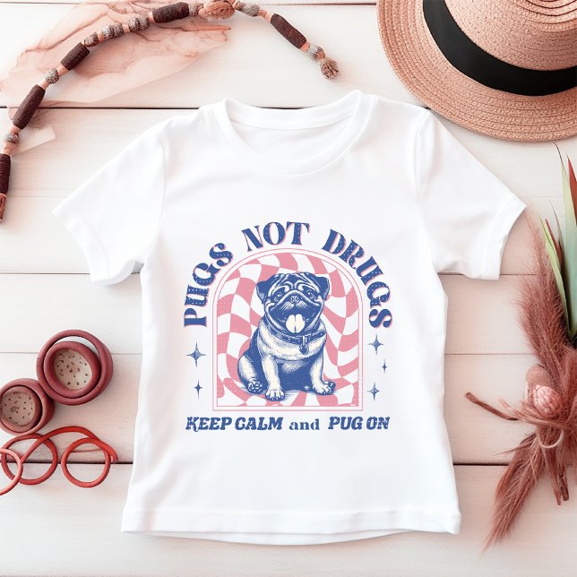 Cute 'Pugs Not Drugs' Retro Pastel Pink and Blue Baby T-Shirt (This fun design showcases an adorable retro pug with muted pink and colors.)