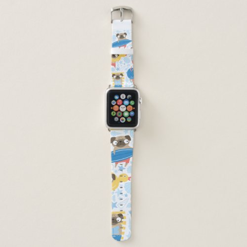Cute pugs on vacation pattern with cartoon pug on apple watch band
