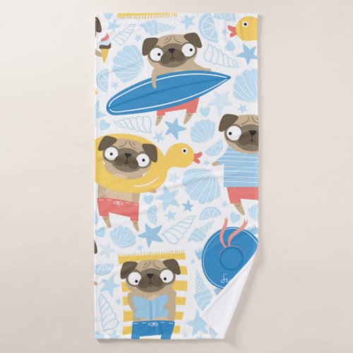 Cute pugs on vacation pattern with cartoon pug on bath towel