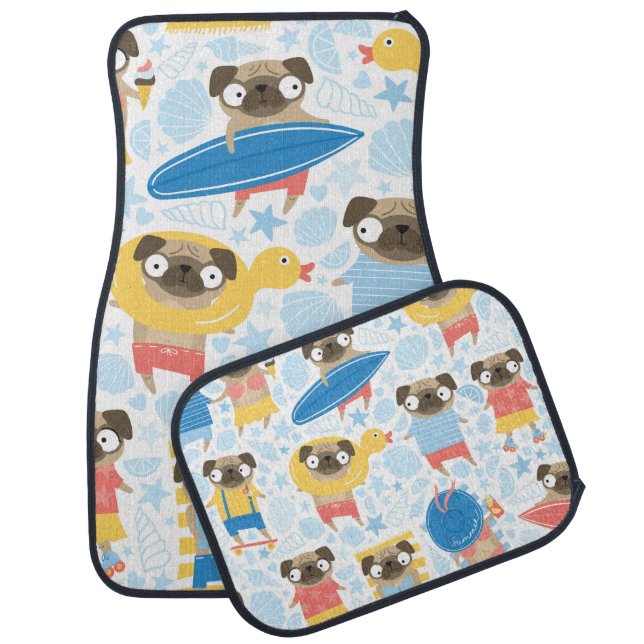 Cute pugs on vacation. pattern with cartoon pug on car floor mat (Set)
