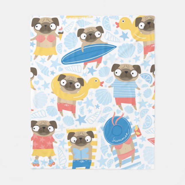 Cute pugs on vacation. pattern with cartoon pug on fleece blanket (Front)