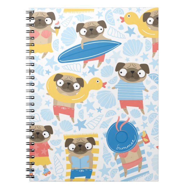 Cute pugs on vacation. pattern with cartoon pug on notebook (Front)
