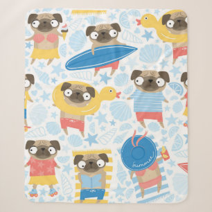 Cute pugs on vacation. pattern with cartoon pug on sherpa blanket