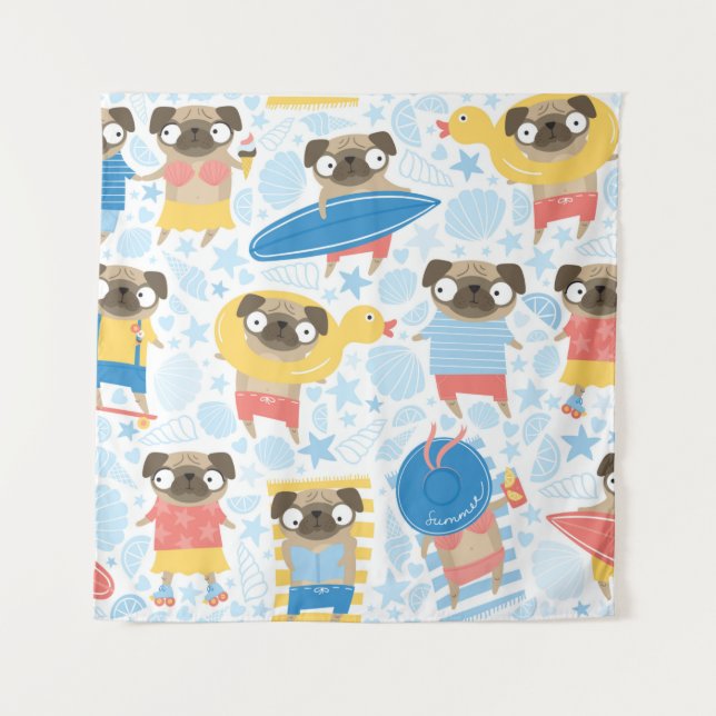 Cute pugs on vacation. pattern with cartoon pug on tapestry (Front)