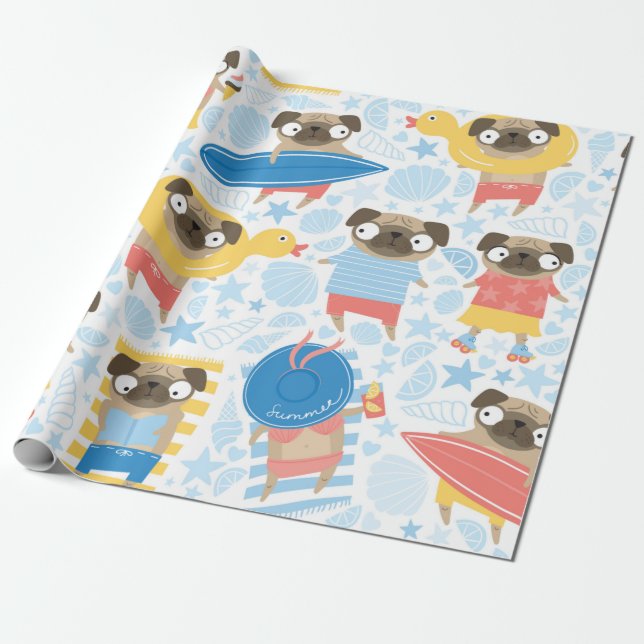 Cute pugs on vacation. pattern with cartoon pug on wrapping paper (Unrolled)