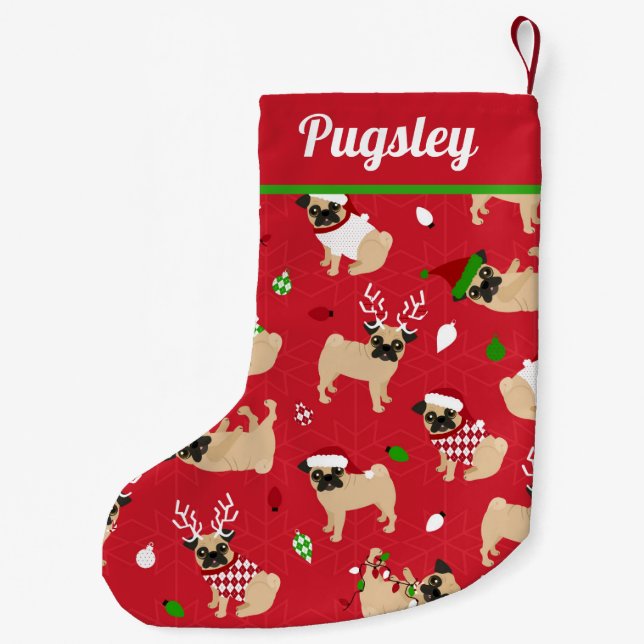 Cute Pugs Red Double Sided Small Christmas Stocking (Back)