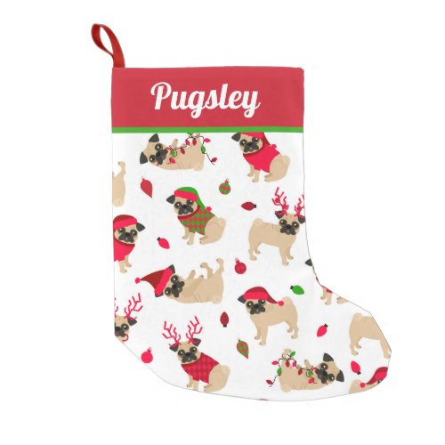 Cute Pugs White Small Christmas Stocking
