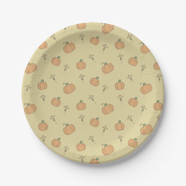 Cute Pumpkin and Fall Foliage Pattern  Paper Plates (Front)