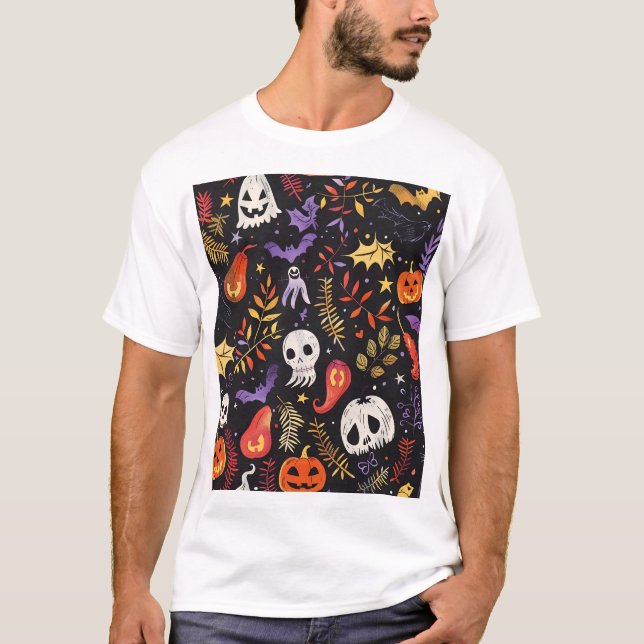 Cute Pumpkin and Skull Pattern T-Shirt (Front)