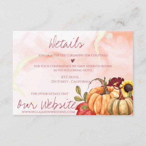 Cute Pumpkin Autumn Floral Fall Wedding Details Enclosure Card