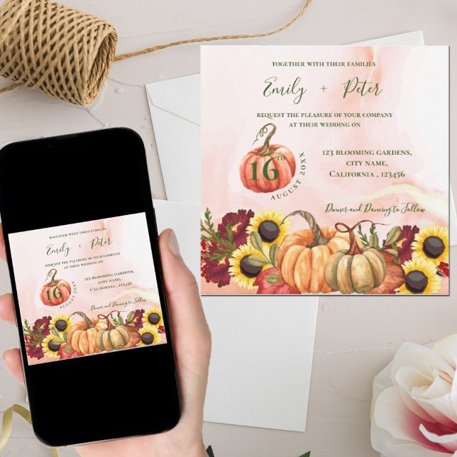 Cute Pumpkin Autumn Leaves Sunflower Fall Wedding Invitation (Creator Uploaded)