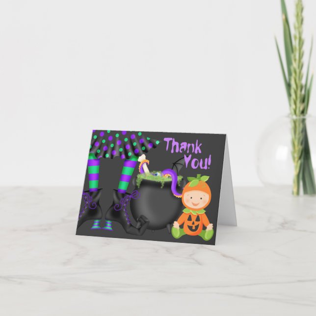 Cute Pumpkin Baby and Witch Legs Halloween Thank You Card (Front)