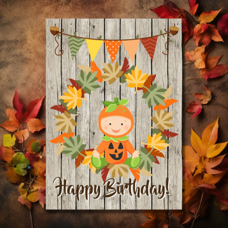 Cute Pumpkin Baby Wreath Of Leaves Autumn Birthday Card