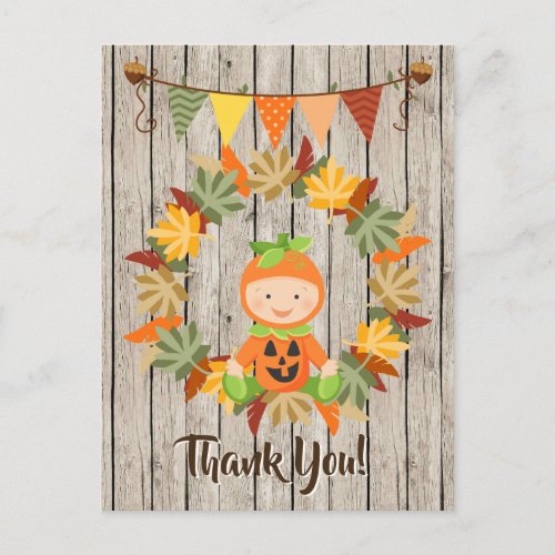 Cute Pumpkin Baby Wreath of Leaves Fall Thank You Postcard
