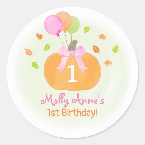 Cute Pumpkin  Balloons Fall 1st Birthday Girl Classic Round Sticker