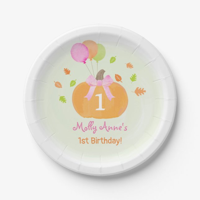 Cute Pumpkin & Balloons Fall 1st Birthday Girl Paper Plates (Front)