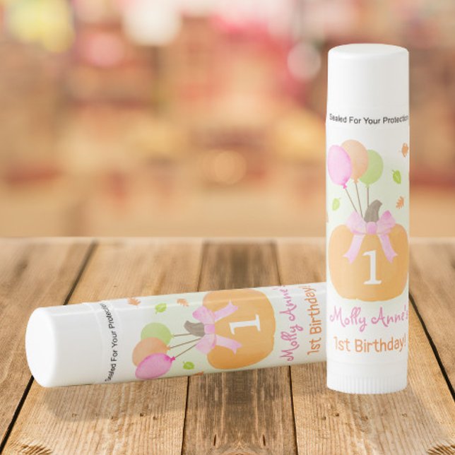 Cute Pumpkin Balloons Pink Fall 1st Birthday Girl Lip Balm (Creator Uploaded)