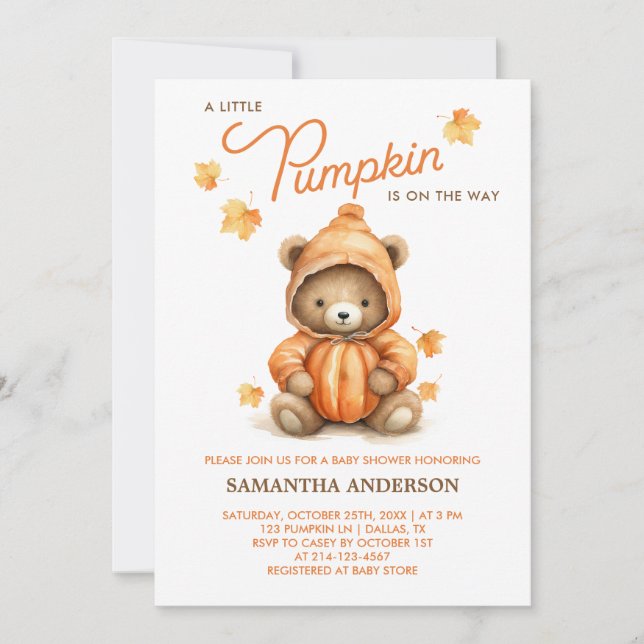 Cute Pumpkin Bear Fall Baby Shower Invitation (Front)