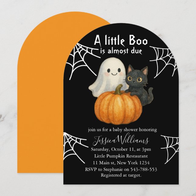 Cute Pumpkin Black Cat Halloween Baby Shower Invitation (Front/Back)