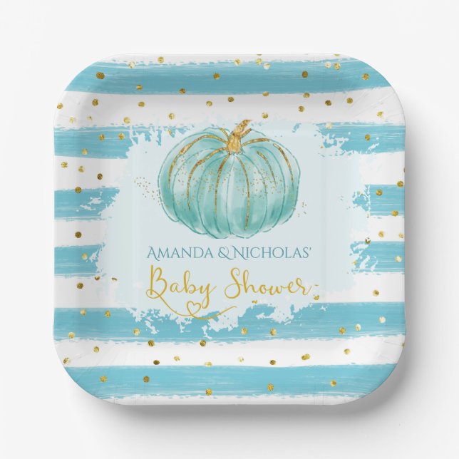 Cute Pumpkin Blue Stripes Baby Shower Paper Plates (Front)