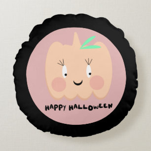 Cute Pumpkin Blushing Lettering Happy Halloween Round Pillow