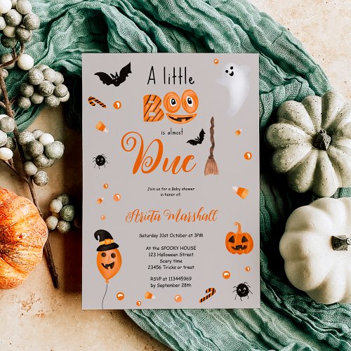 Cute pumpkin Boo Halloween baby shower gray Invitation
