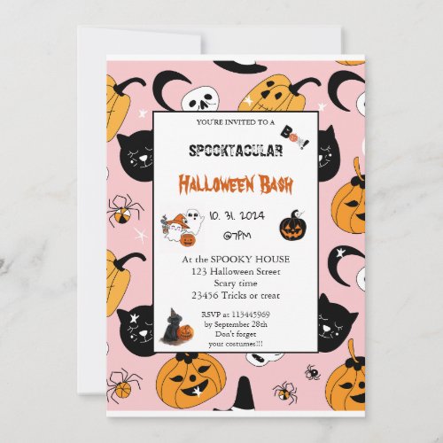 Cute pumpkin Boo Halloween bash pink  Invitation