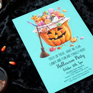 Cute Pumpkin Candy Treats Bucket Halloween Party Invitation