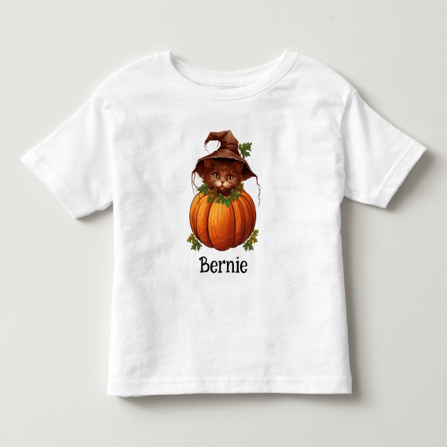Cute Pumpkin Cat Jack O Lantern Halloween Name Toddler T-shirt (Front)