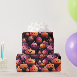 cute pumpkin cupcake pattern kids halloween wrapping paper