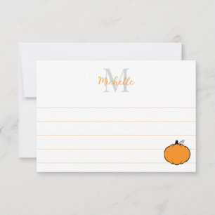 Cute Pumpkin Drawing Custom Monogram Lined Note Card