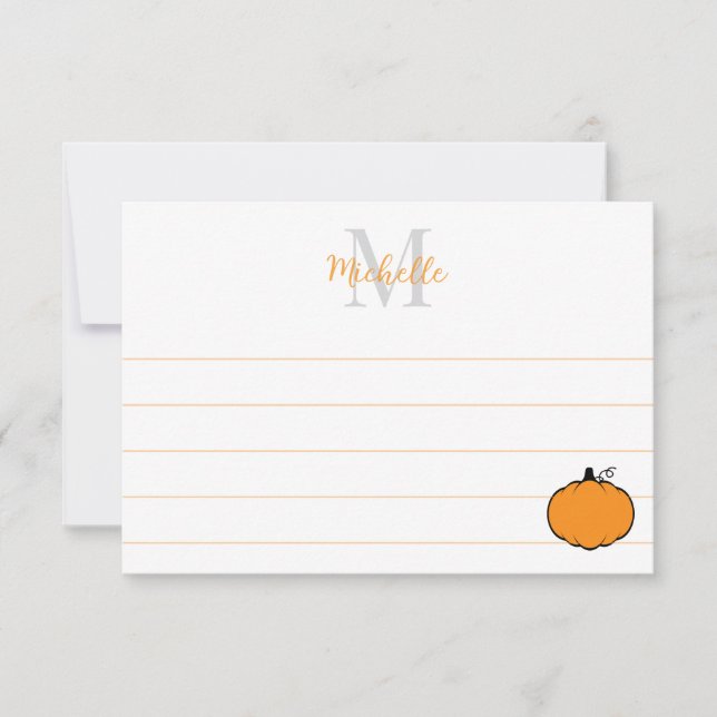 Cute Pumpkin Drawing Custom Monogram Lined Note Card (Front)