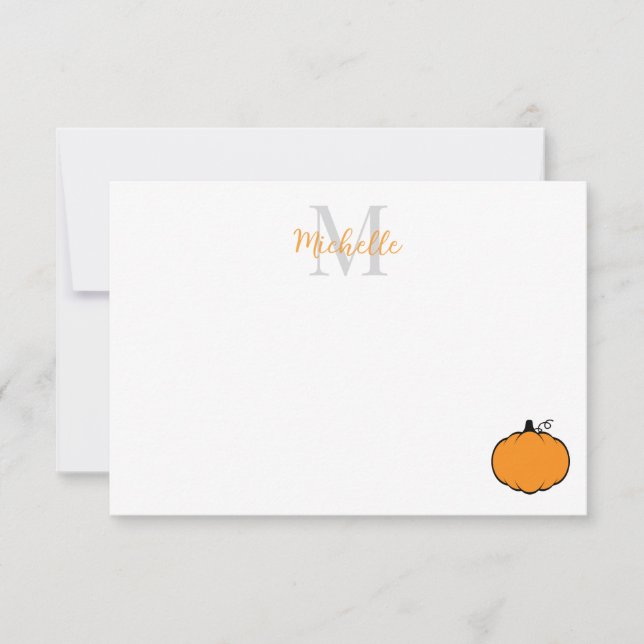 Cute Pumpkin Drawing Personalized Monogram Note Card (Front)