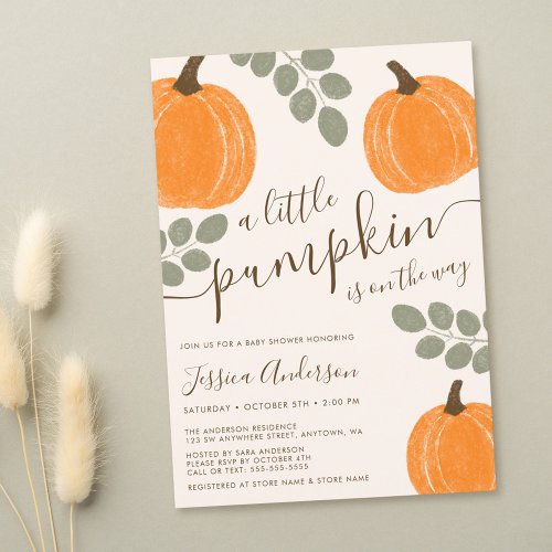 Cute Pumpkin Eucalyptus Fall Baby Shower Invitation