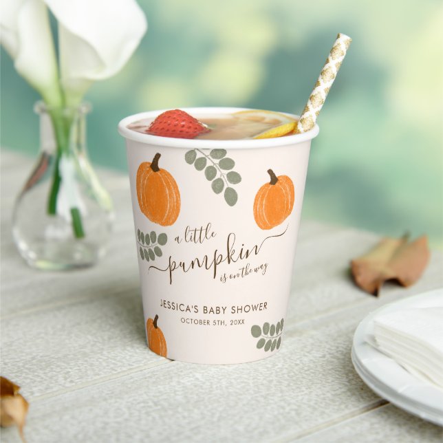 Cute Pumpkin Eucalyptus Fall Baby Shower Paper Cups (Insitu)