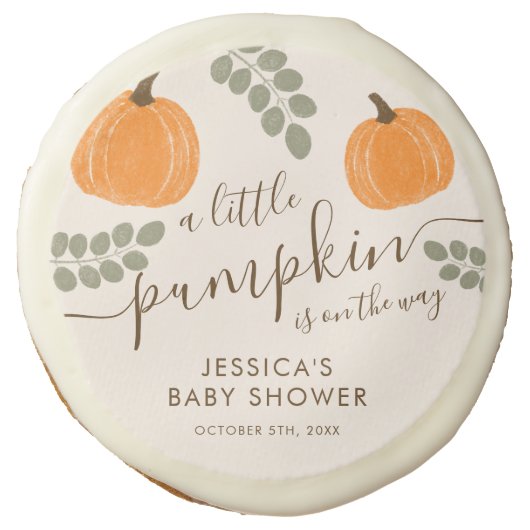 Cute Pumpkin Eucalyptus Fall Baby Shower Sugar Cookie (Front)
